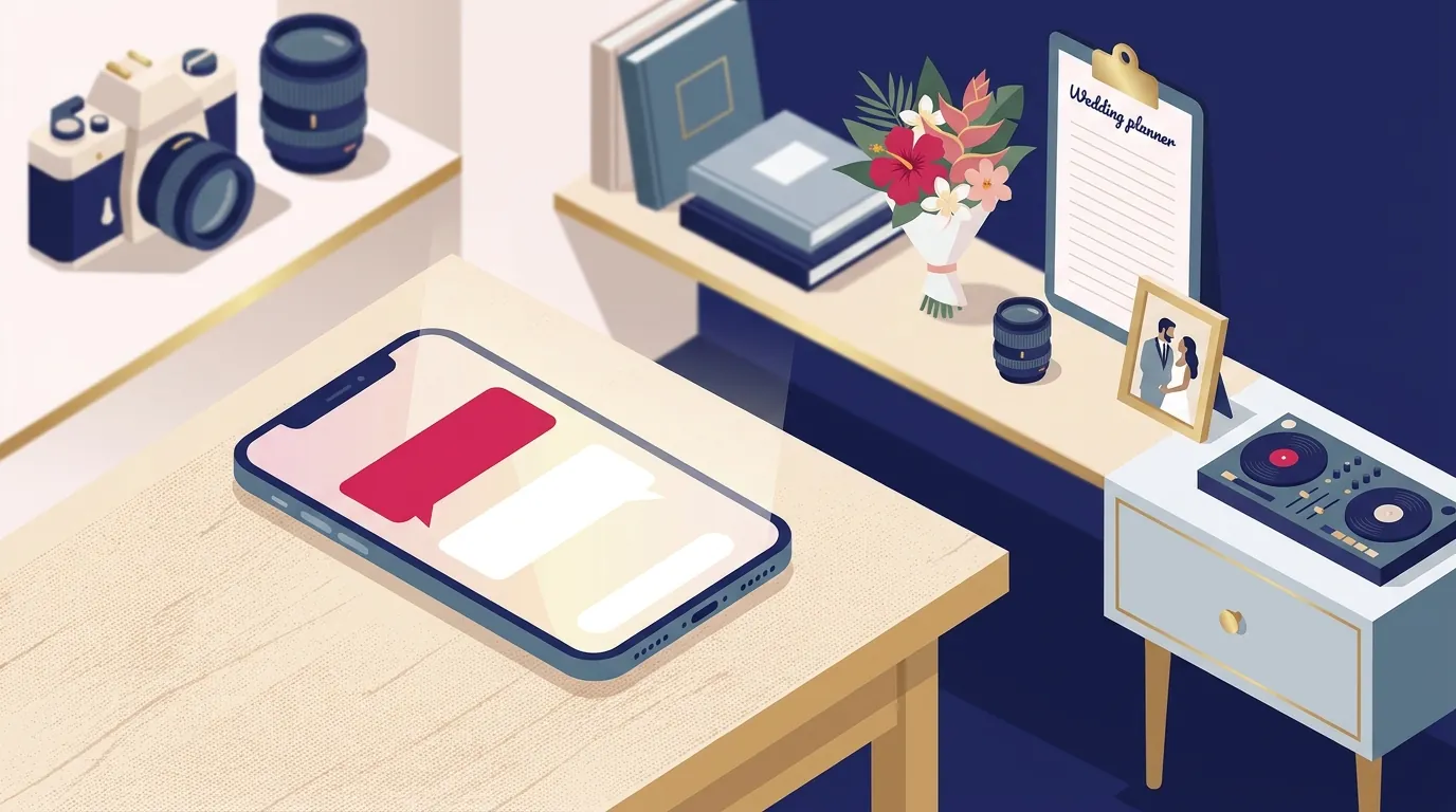 Celular sobre uma mesa de escritório mostrando bolhas de conversa vazias, ao lado de câmeras e álbuns desfocados.