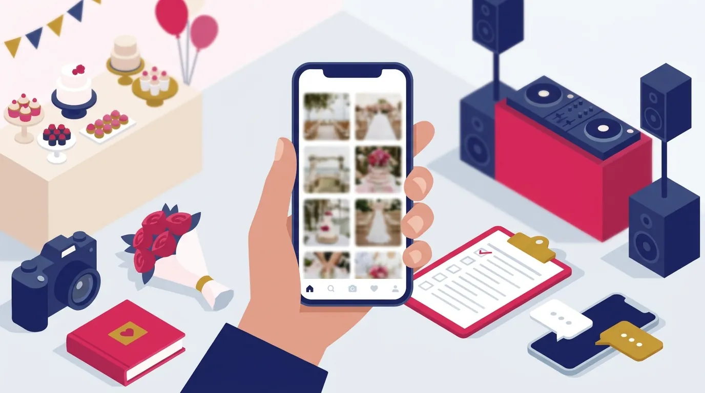 Pessoa segurando um celular com uma grade de fotos de decoração de casamento na tela, pesquisando referências.