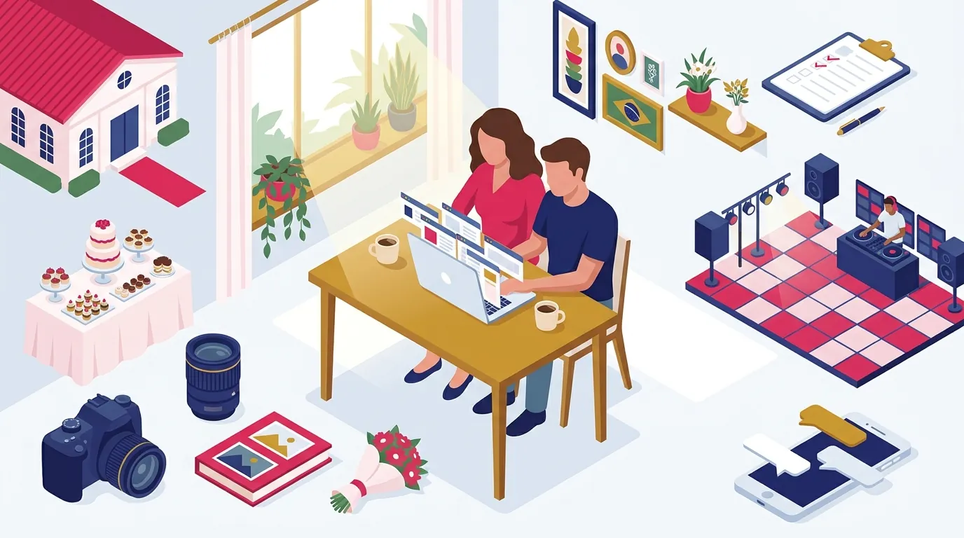 Casal em casa comparando propostas de diferentes fornecedores de casamento no notebook.