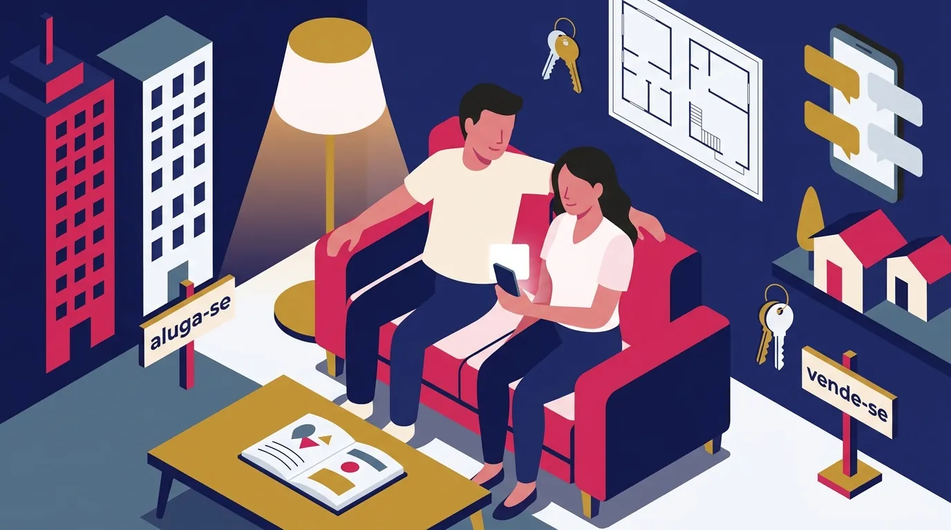 Casal no sofá olhando juntos a tela de um celular, com um notebook aberto sobre a mesa de centro