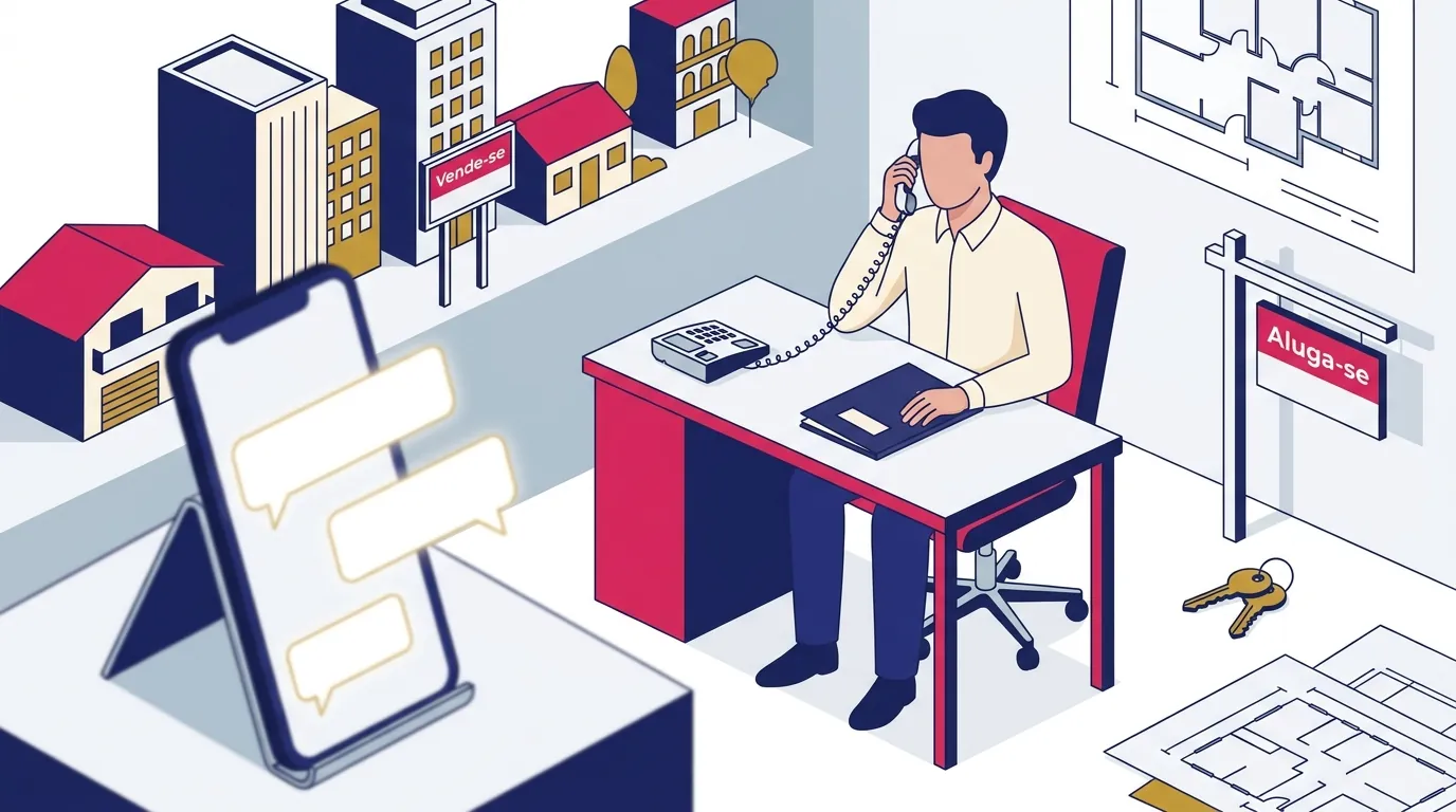 Corretor ao telefone em sua mesa enquanto um celular em suporte ao lado mostra balões de conversa se acendendo