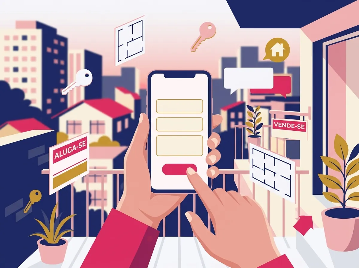 Mãos segurando um celular com um formulário de três campos vazios na tela, na varanda de um apartamento