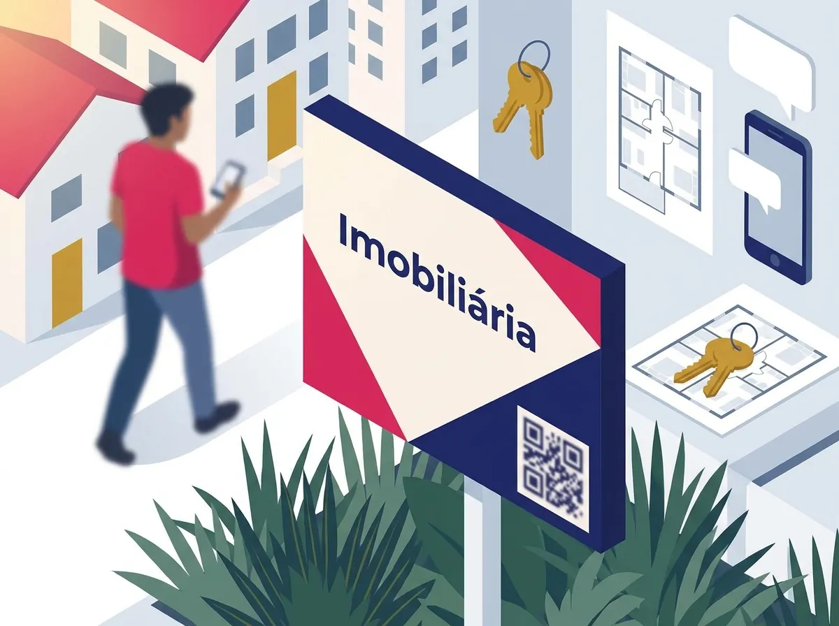 Placa de imobiliária no jardim de uma casa, com um quadrado de padrão geométrico no canto e um pedestre desfocado ao fundo com o celular na mão