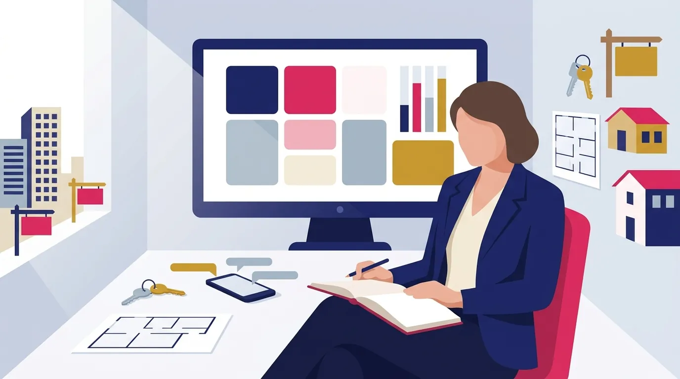 Dona de imobiliária diante de um monitor com blocos coloridos de painel, com um caderno aberto no colo