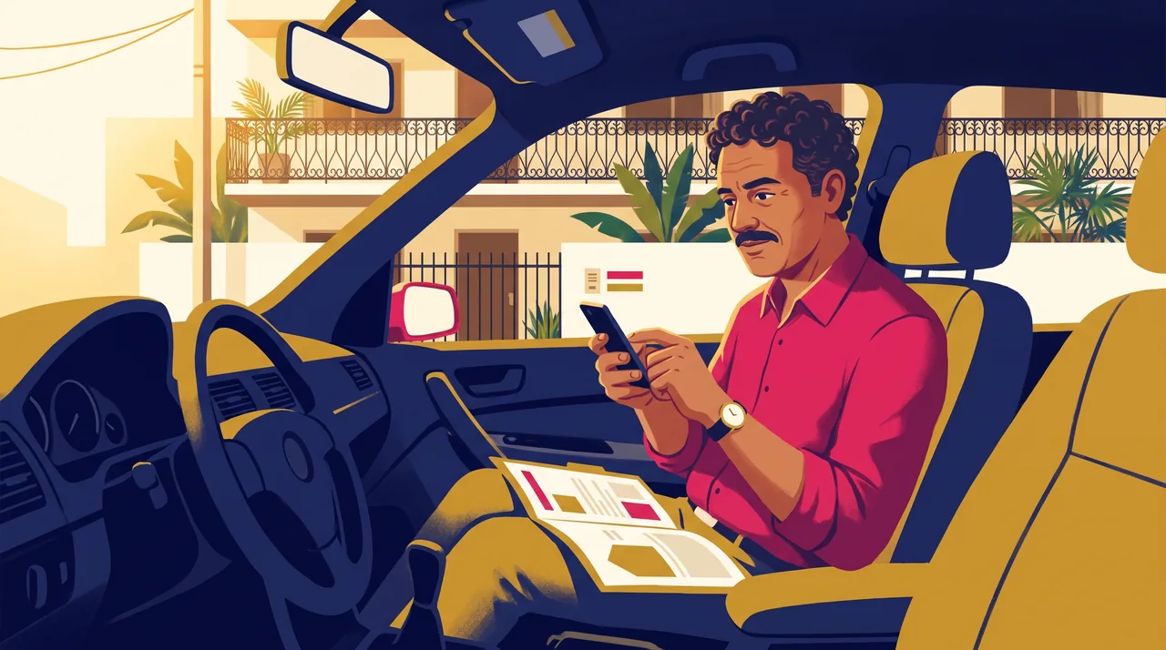 Corretor de imóveis responde rapidamente uma mensagem no celular, sentado dentro do carro, com uma pasta de imóveis aberta ao lado.