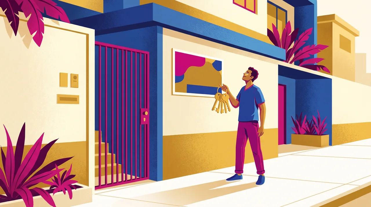 Corretor de imóveis confere o molho de chaves e a placa de venda no muro antes de abrir o portão para uma visita.