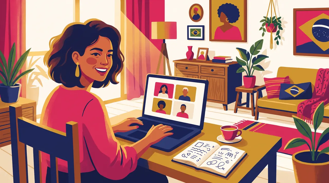 Mentora conduz um encontro ao vivo pela webcam com participantes de uma comunidade paga, caderno de perguntas aberto ao lado.