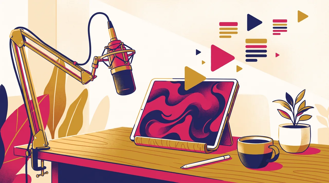 Mesa de gravação com microfone e tablet mostrando formas abstratas, com símbolos de vídeo e texto saindo da tela