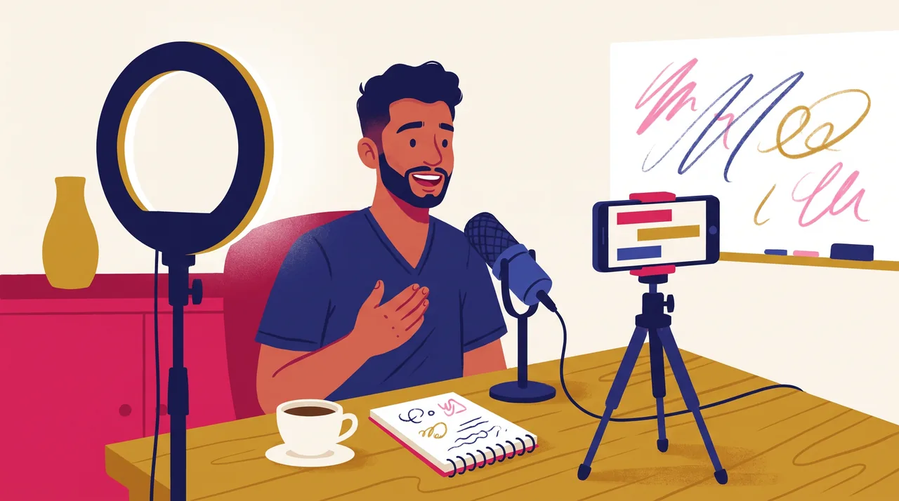 Criador de curso grava um vídeo de fechamento de carrinho em um pequeno estúdio caseiro, com ring light, microfone e caderno de anotações na mesa.