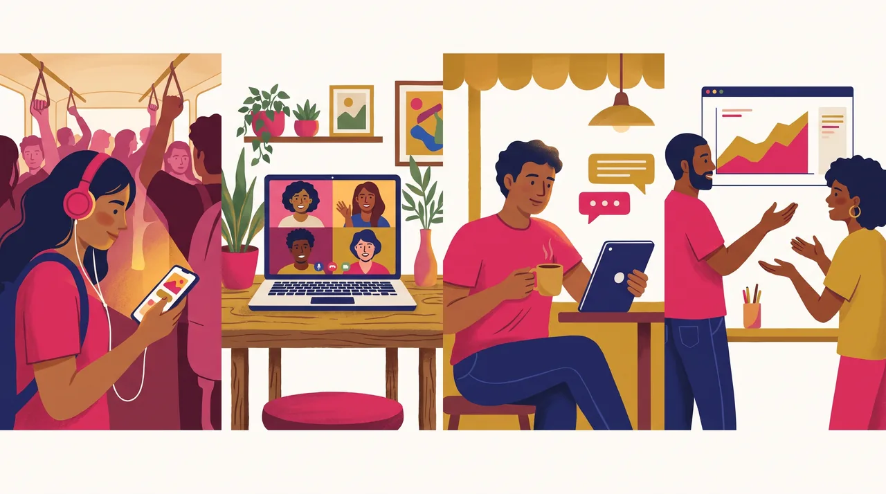 Quatro cenas: aluno assistindo no celular, grupo de mentoria em videochamada, membro de comunidade no tablet e dois coprodutores dividindo uma tela