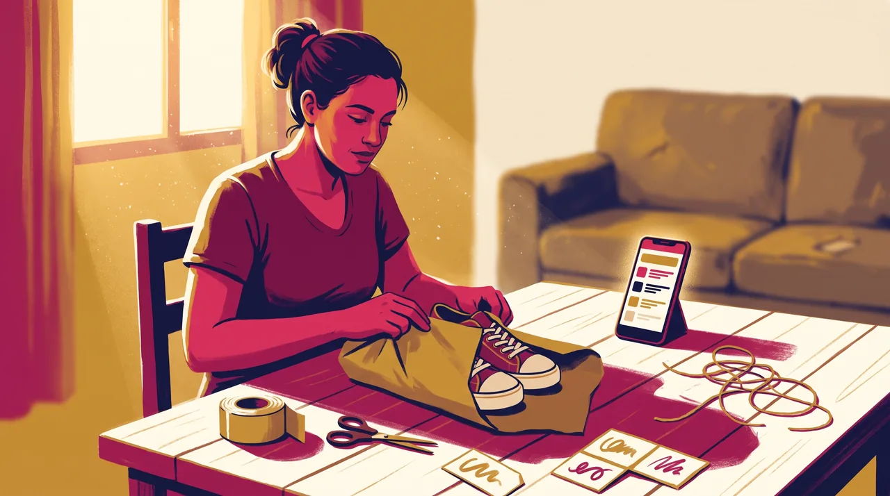 Mulher senta à mesa da sala, embala um pedido em papel kraft e confere o celular com a lista de vendas do dia.