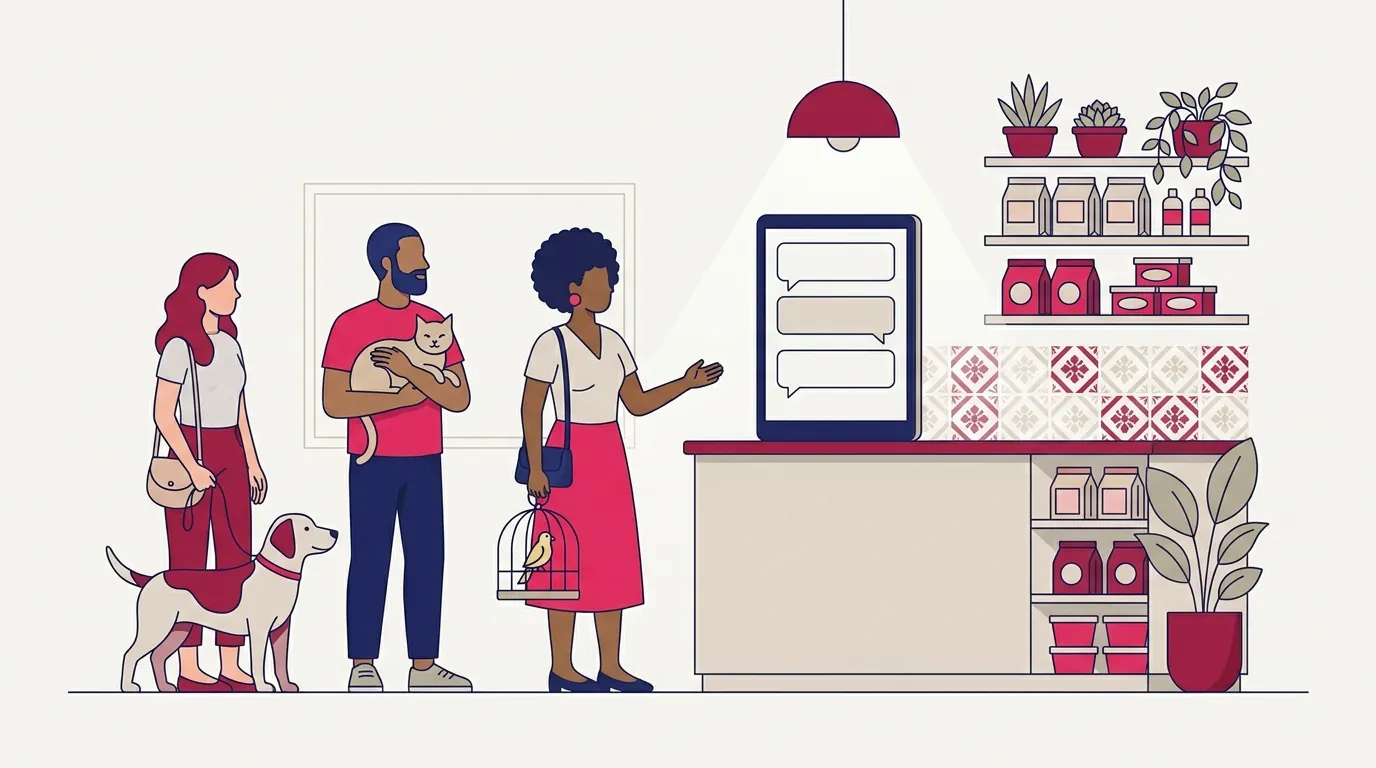 Ilustração de clientes com seus pets em fila no balcão de um pet shop, com uma tela ao lado mostrando três conversas respondidas em paralelo.