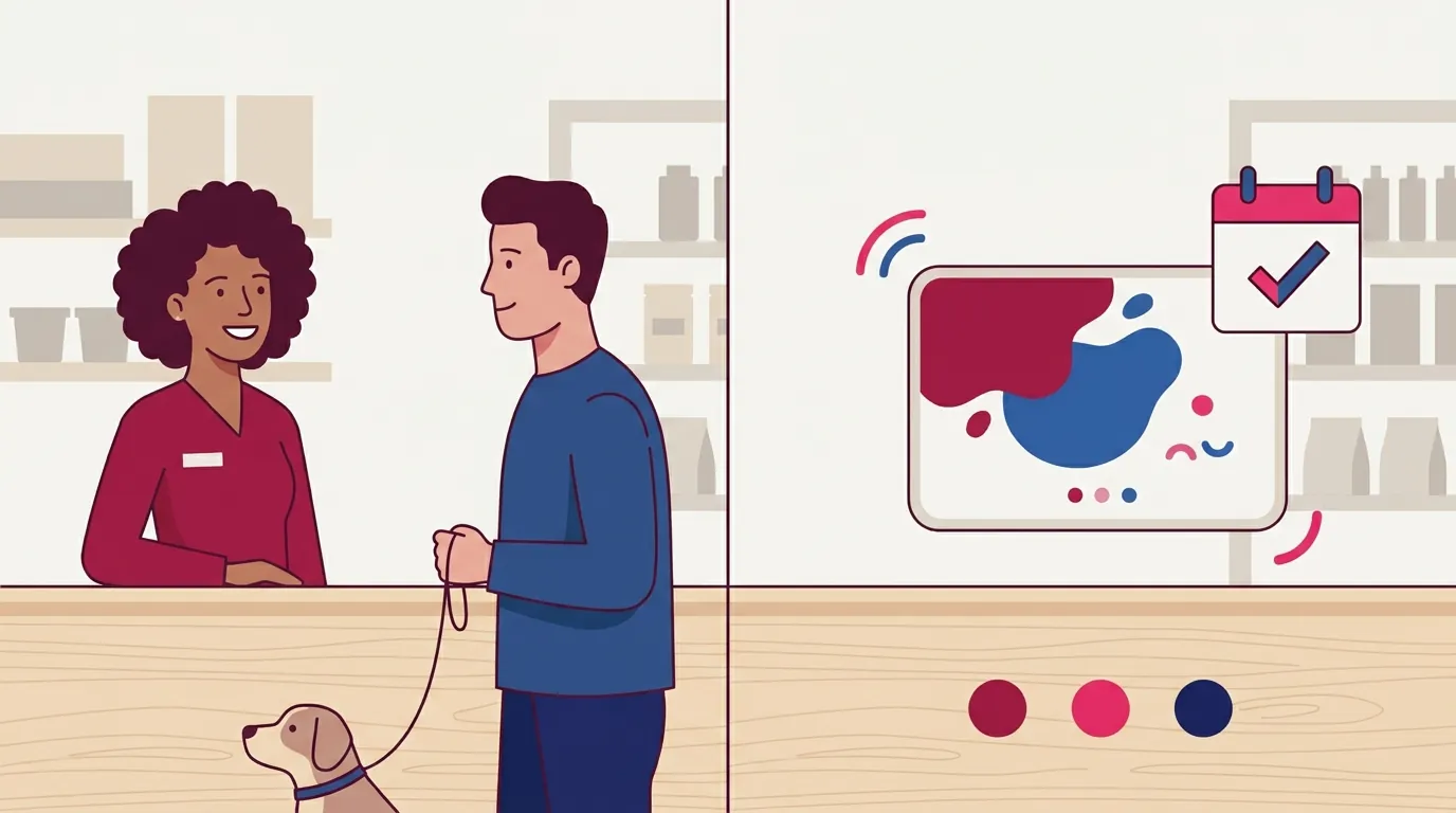 Atendente e um assistente digital dividindo o balcão de um pet shop, com o assistente respondendo enquanto o cliente agenda o banho do cachorro.