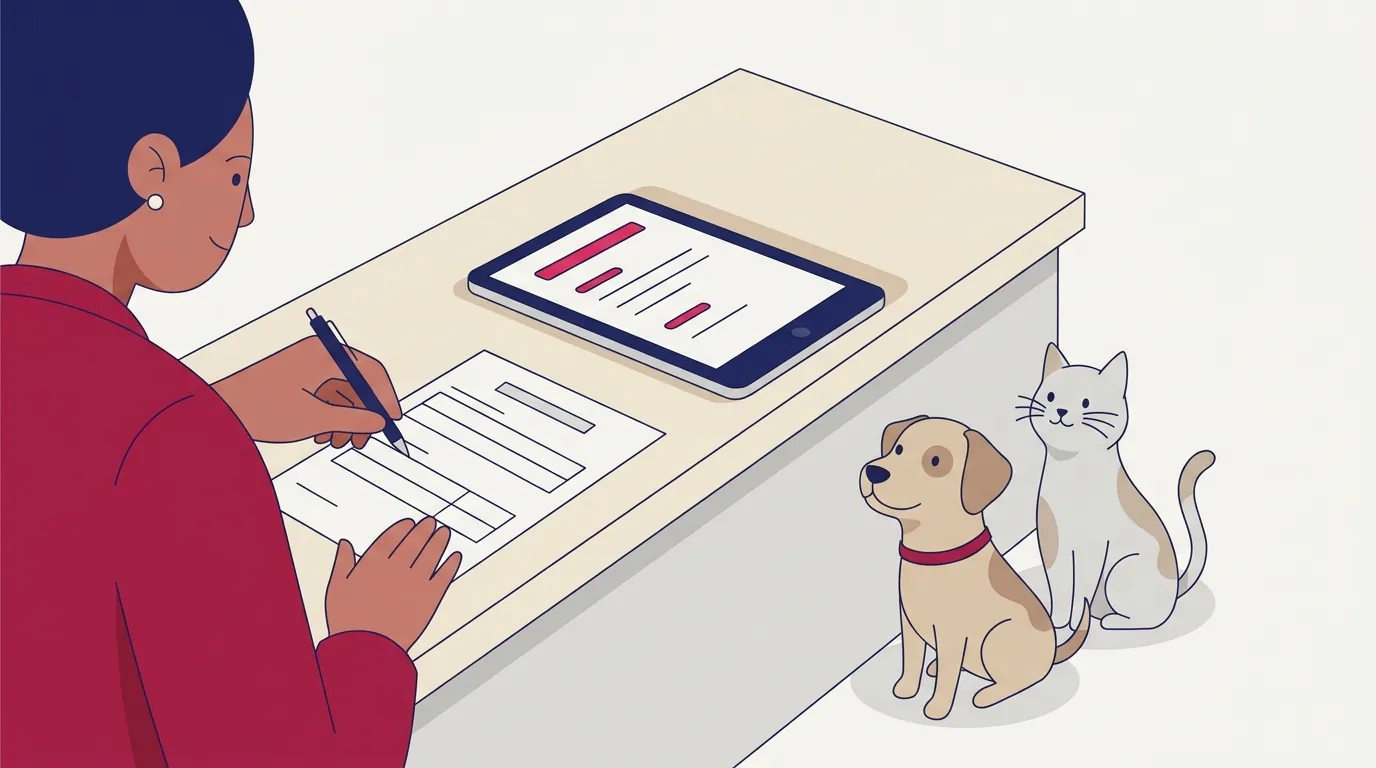 Ilustração de uma atendente preenchendo uma ficha de cadastro do pet no balcão, com um tablet ao lado e um cachorro e um gato sentados próximos.