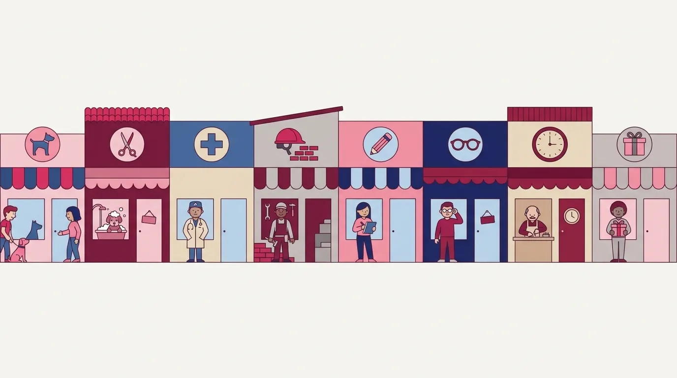 Mosaico com oito fachadas de lojas de bairro: pet shop, banho e tosa, clínica veterinária, material de construção, papelaria, ótica, relojoaria e loja de presentes.