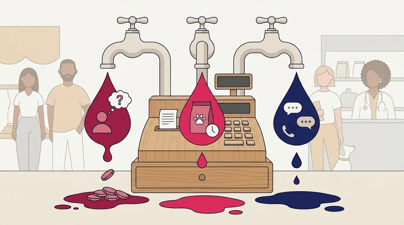 Ilustração de três torneiras estilizadas pingando sobre um caixa registrador de pet shop, representando vazamentos de contato, recompra e canal caro.