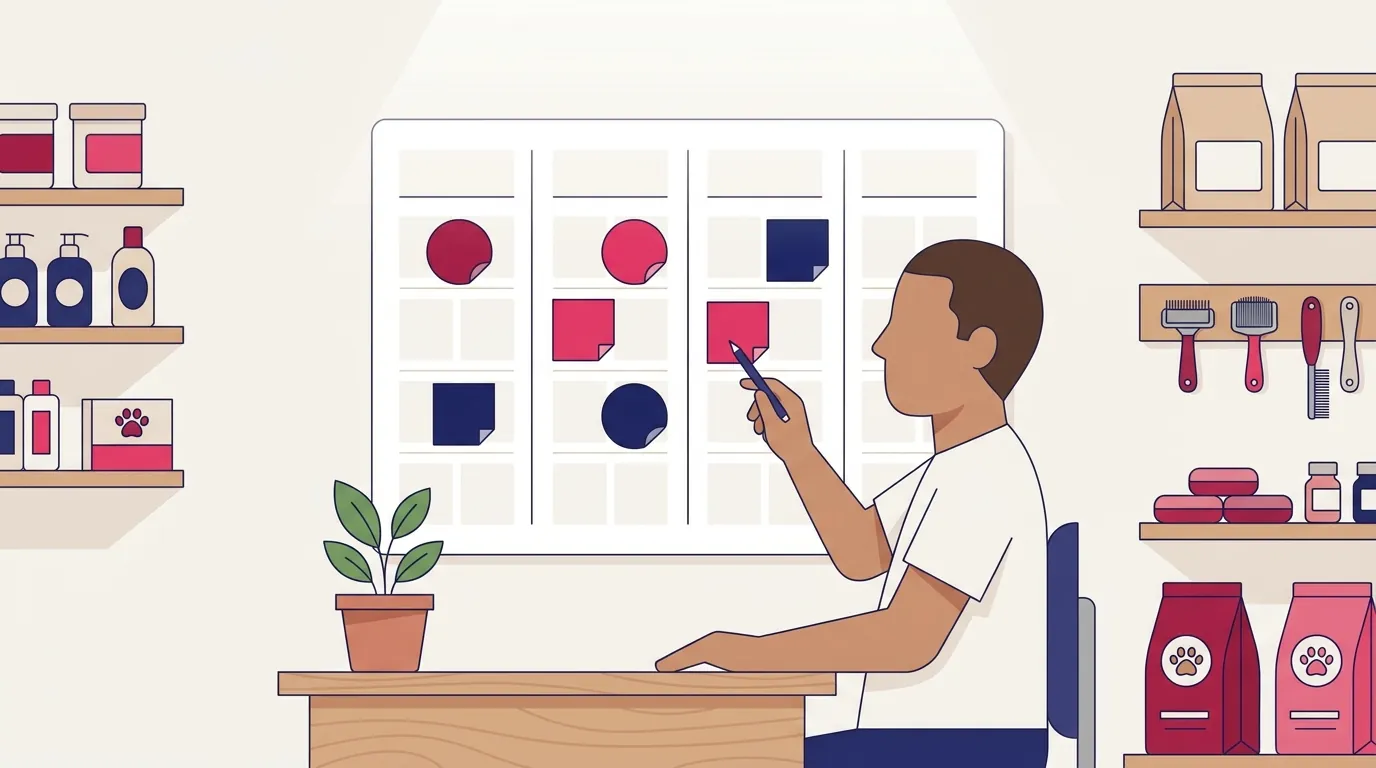 Calendário de quatro semanas na parede do escritório da loja com etapas marcadas por adesivos coloridos.