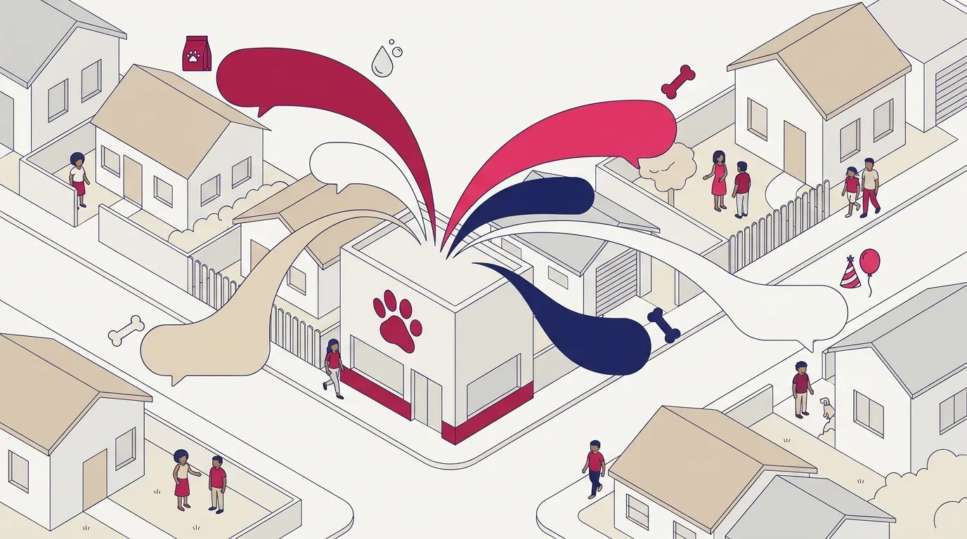Mensagens saindo de um pet shop de bairro e chegando a diferentes casas do quarteirão, representando lembretes de ração, banho, vermífugo e aniversário do pet.
