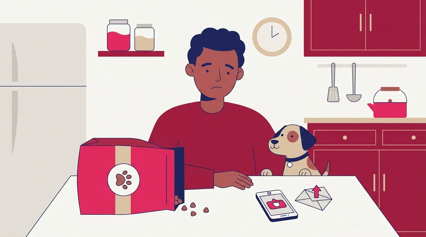 Ilustração de um tutor em casa olhando um saco de ração quase vazio ao lado de um cachorro, com um celular sobre a mesa mostrando uma notificação chegando.