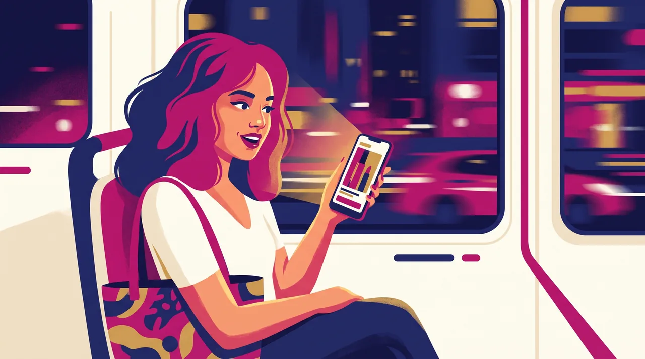 Jovem no ônibus assistindo a um vídeo de produto de beleza no celular, com a sacola de uma loja no colo