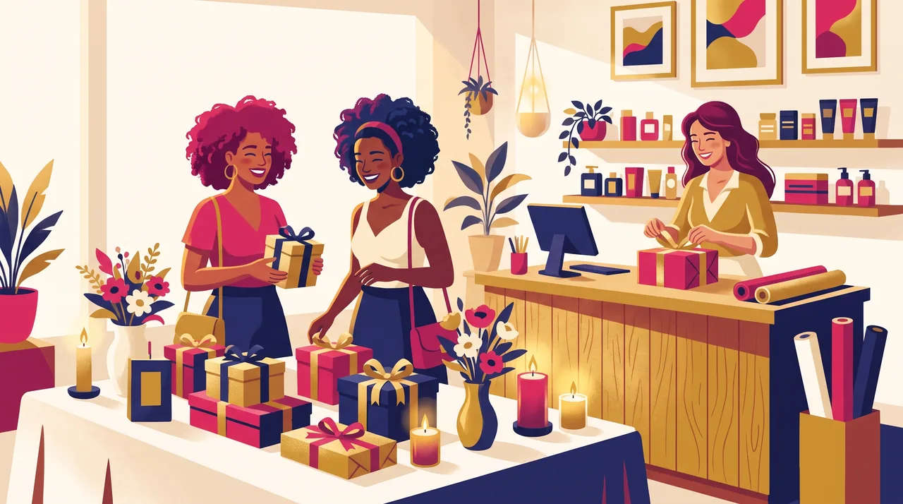 Loja de beleza cheia numa semana de presente, com clientes escolhendo caixas de perfume e a lojista embalando um pacote