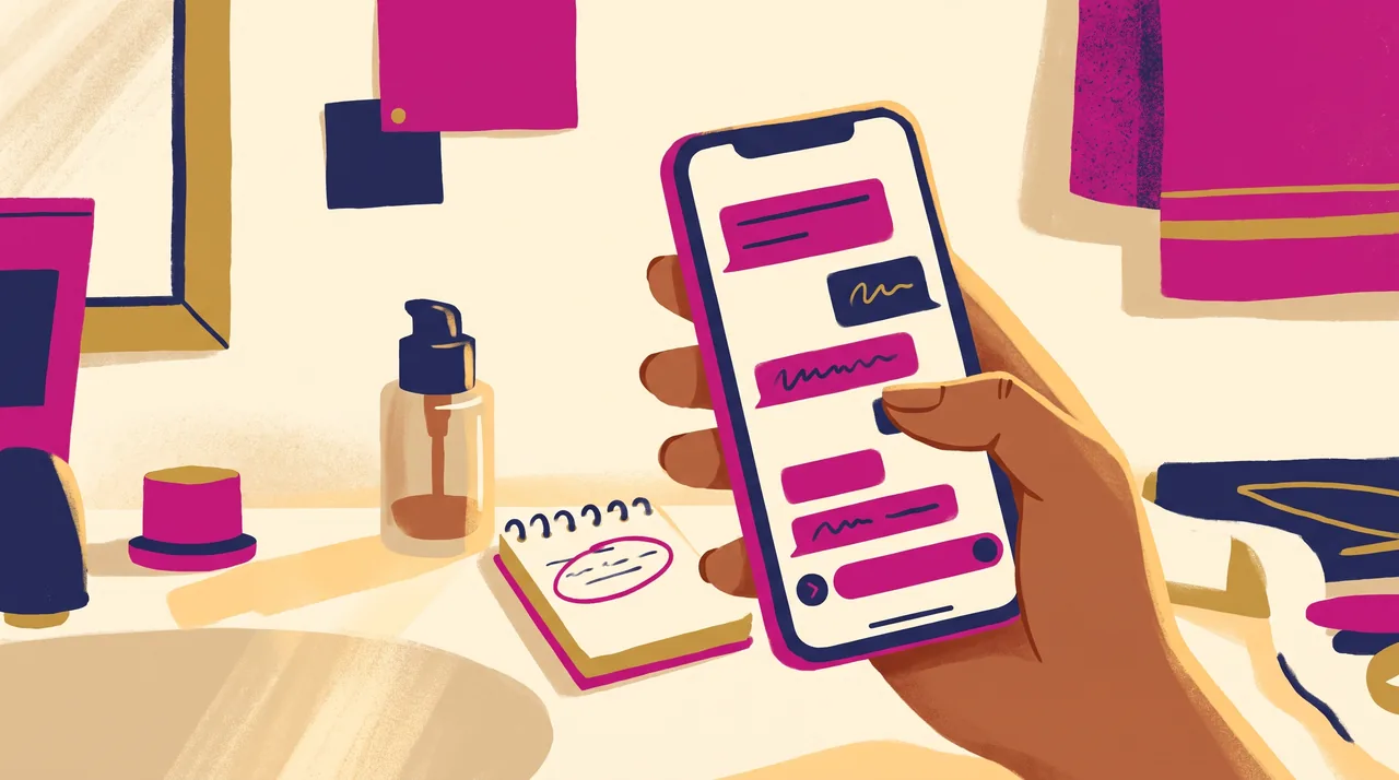 Mão segurando o celular com uma conversa aberta ao lado de um frasco de base quase vazio e um caderno com uma data circulada