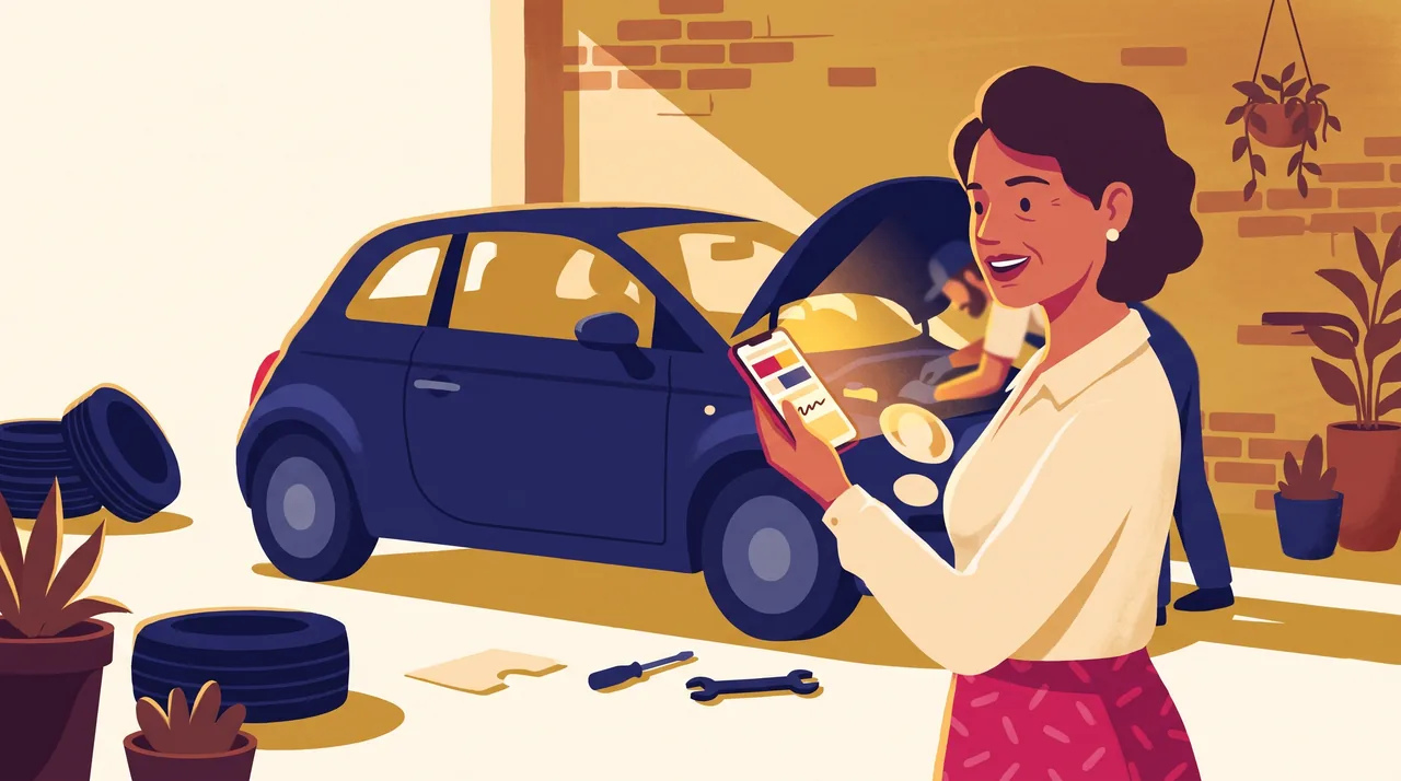 Mulher em pé no estacionamento de uma oficina, lendo no celular o orçamento enviado pelo mecânico, com o carro aberto ao fundo.