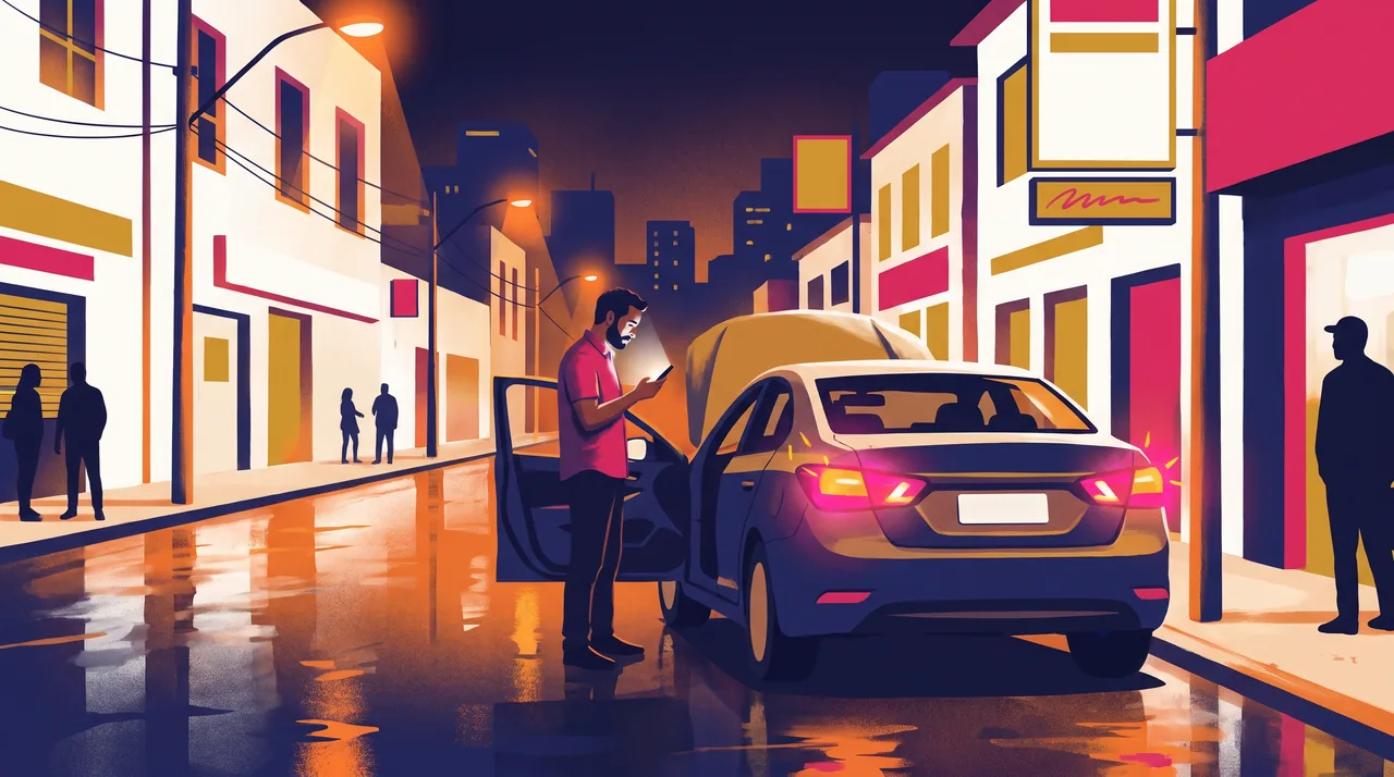 Motorista parado no acostamento à noite, com o pisca ligado, digitando no celular para pedir ajuda a uma oficina.