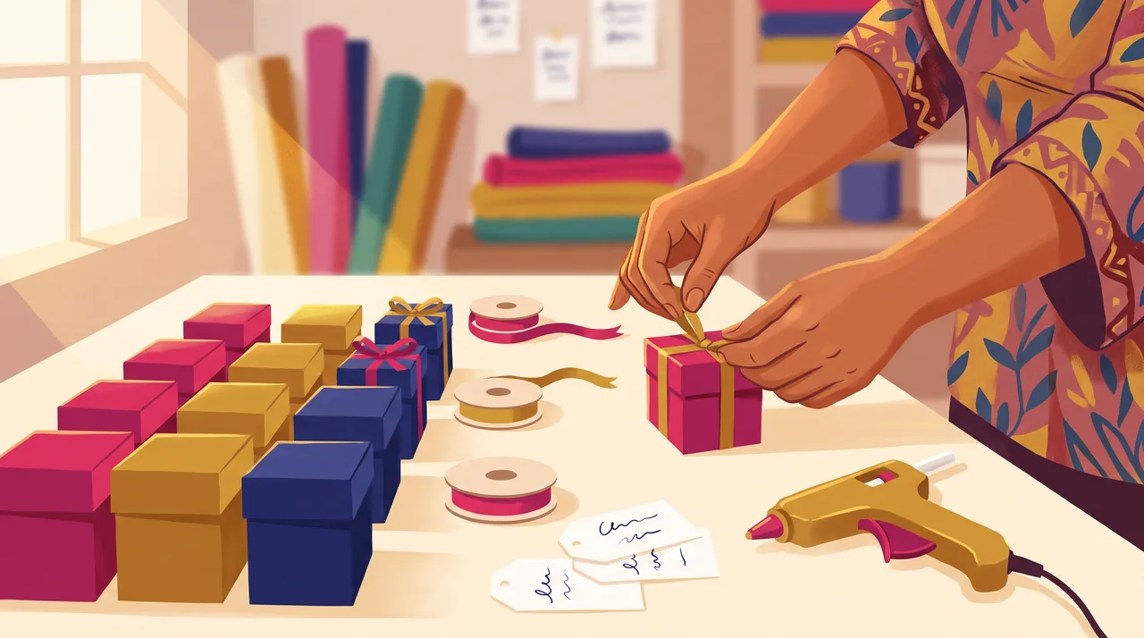 Mãos de uma artesã montam lembrancinhas personalizadas sobre a bancada do ateliê, com fitas, etiquetas com nomes e caixas prontas ao lado.