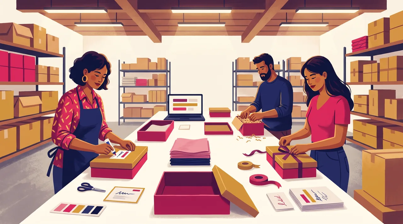 Equipe de uma loja monta caixas de kit corporativo sobre uma mesa comprida, com fitas, cartões e etiquetas com o nome da empresa.