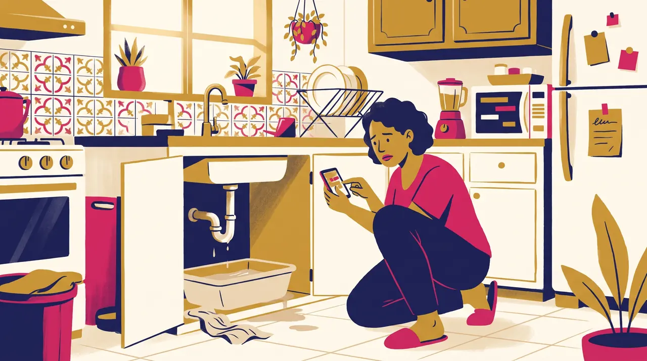 Mulher agachada na cozinha fotografa com o celular o vazamento embaixo da pia, com uma bacia no chão.