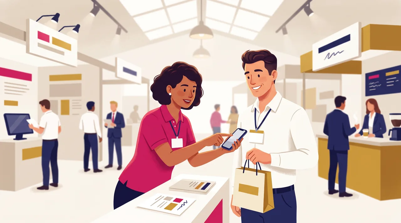 Atendente de estande em feira de negócios lê o QR do crachá de uma visitante com o celular, com o pavilhão ao fundo.