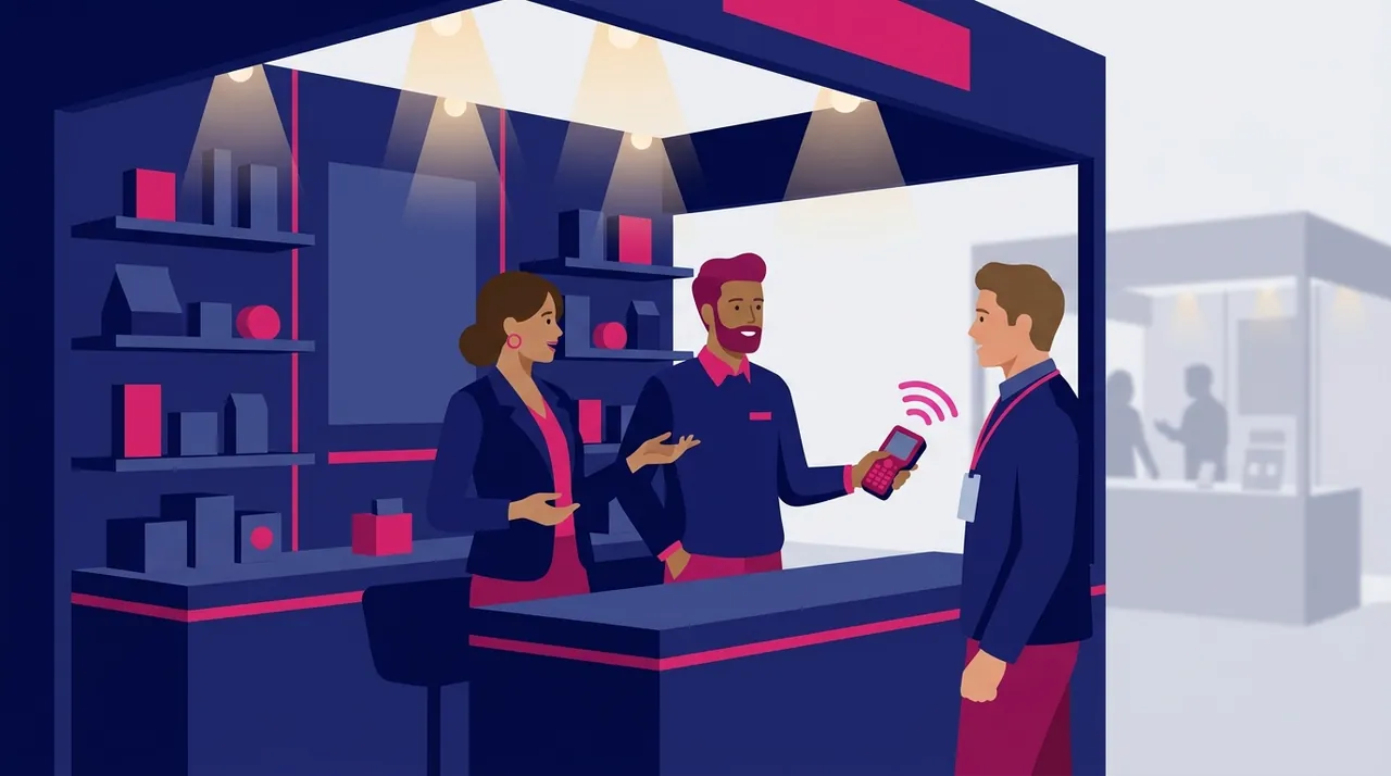 Estande moderno em feira, com dois expositores conversando com um visitante de crachá enquanto um leitor registra o contato pelo celular