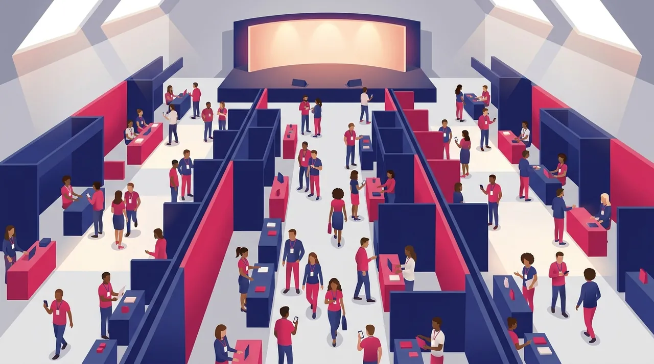 Pavilhão de feira de negócios visto de cima, com corredores de estandes, visitantes de crachá e um palco iluminado ao fundo