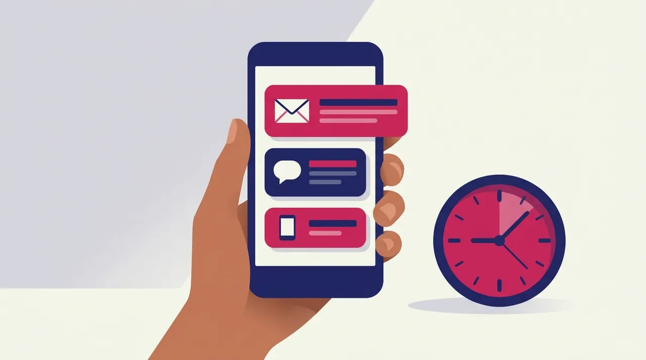Mão segurando um celular com três notificações empilhadas na tela e um relógio ao lado