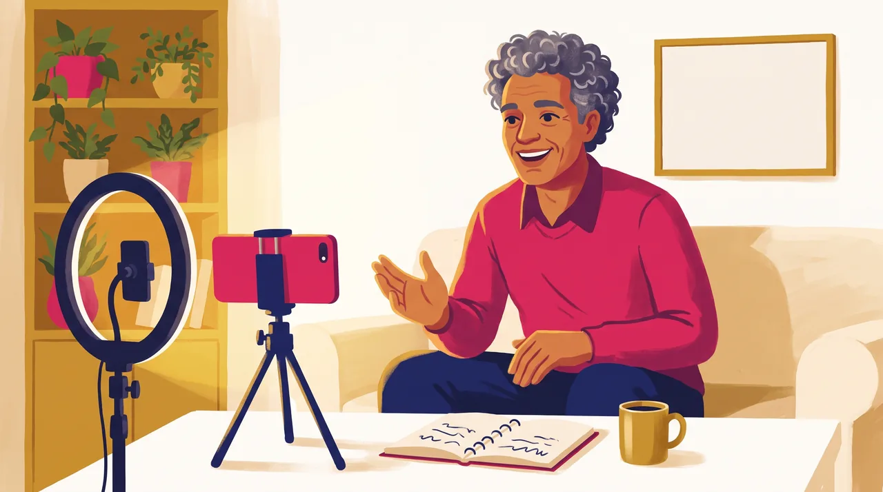 Mentor grava uma aula em casa com celular no tripé e anel de luz, caderno e caneca sobre a mesa.