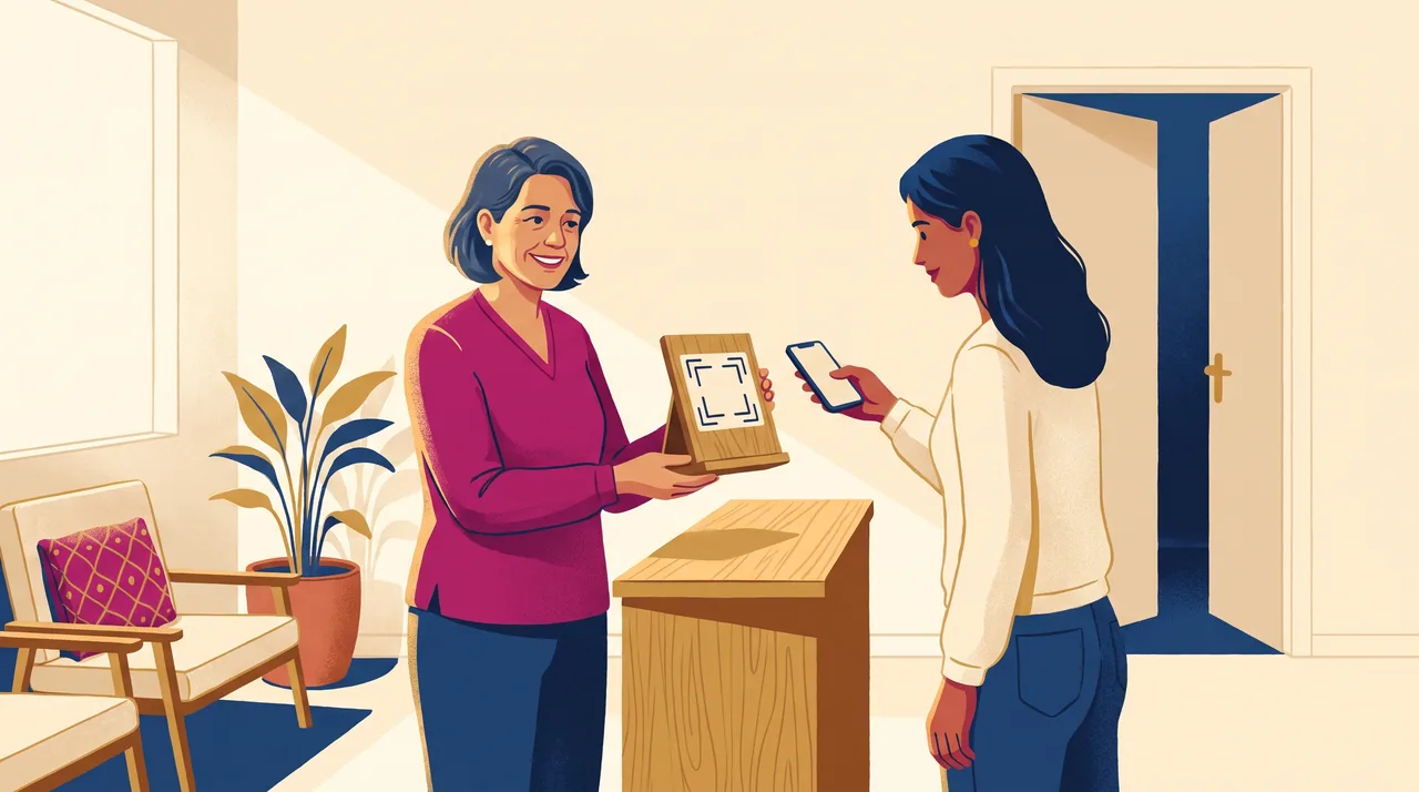 Recepcionista de clínica de psicologia mostra um cartão com código QR em um suporte de balcão para uma paciente escanear com o celular, ambiente acolhedor de recepção pequena.