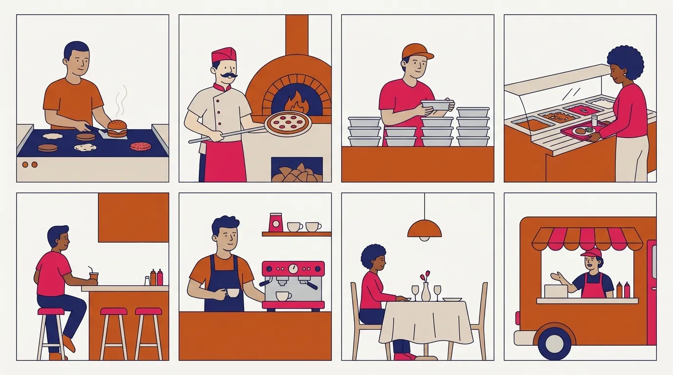Mosaico de oito quadros com casas de comida diferentes: hamburgueria na chapa, pizzaria com forno a lenha, marmitaria com marmitas empilhadas, self-service de prato executivo, lanchonete de balcão alto, cafeteria com máquina de espresso, restaurante de mesa posta e food truck com janela de atendimento.