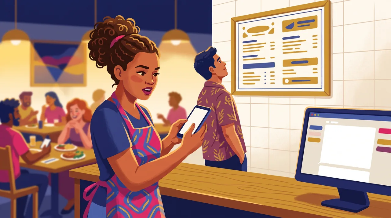 Atendente de restaurante olhando o celular no balcão movimentado de sexta-feira, com uma tela de conversa automática ao fundo e um cliente aguardando.