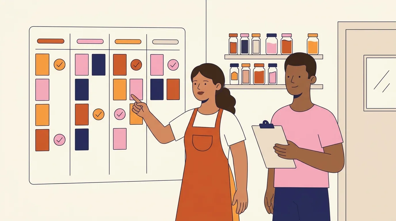 No escritório dos fundos de um restaurante, a dona de avental aponta para um calendário de parede com quatro colunas de cartões coloridos e marcas de visto, ao lado de um funcionário com prancheta.