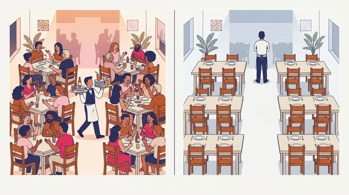 O mesmo salão de restaurante lado a lado em duas situações: à esquerda todas as mesas ocupadas por grupos de clientes e um garçom com bandeja, à direita as mesmas mesas postas e vazias, com um único funcionário ao fundo.
