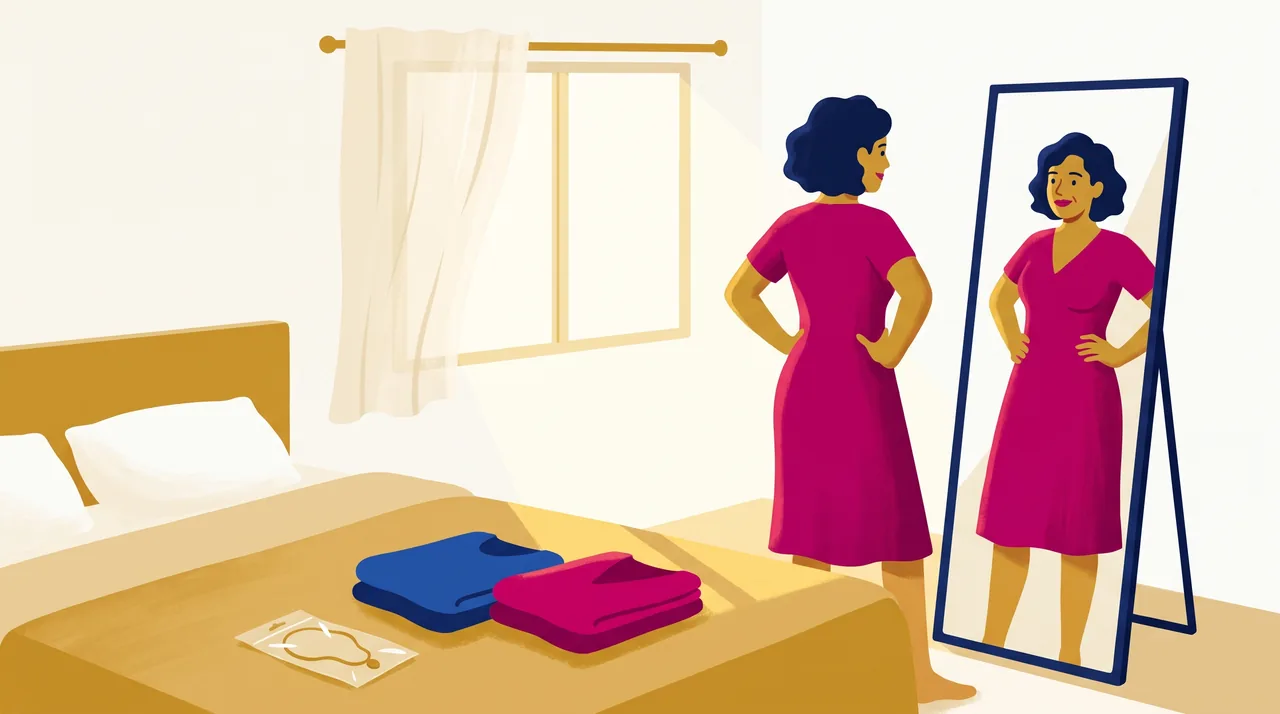 Mulher prova um vestido em frente ao espelho do quarto enquanto outra peça e um colar ficam sobre a cama.