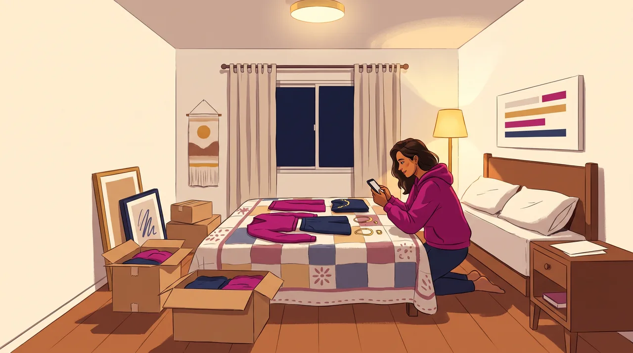 Revendedora fotografa peças de roupa e semijoias sobre a cama, com o celular na mão, à noite.