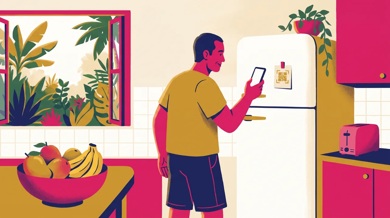 Cozinha clara de uma casa de temporada brasileira; um hóspede aponta o celular para um cartão com QR code preso na porta da geladeira.