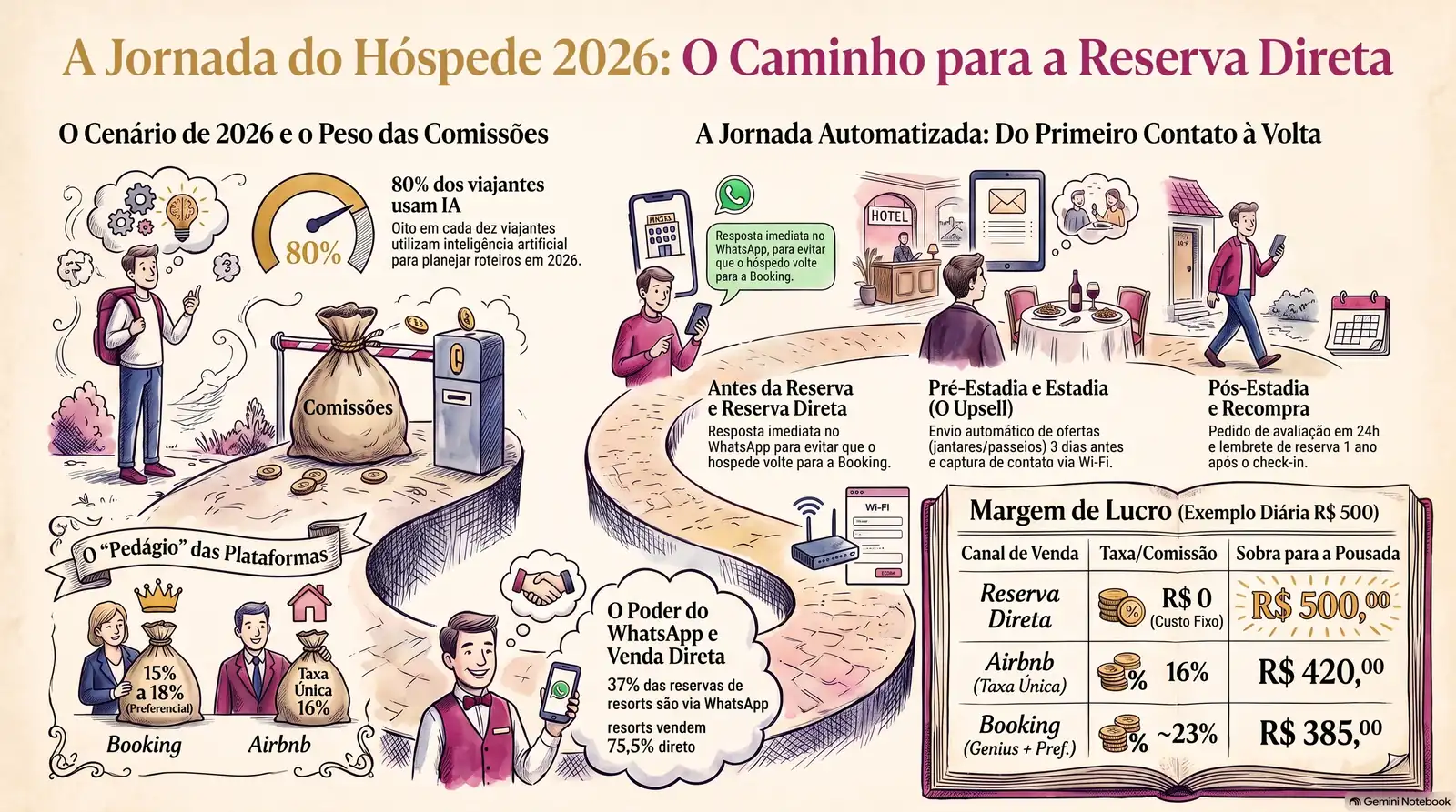 Infográfico da jornada do hóspede em 2026: o cenário das comissões, a jornada automatizada do primeiro contato à volta, o poder do WhatsApp e a margem por canal numa diária de R$ 500.