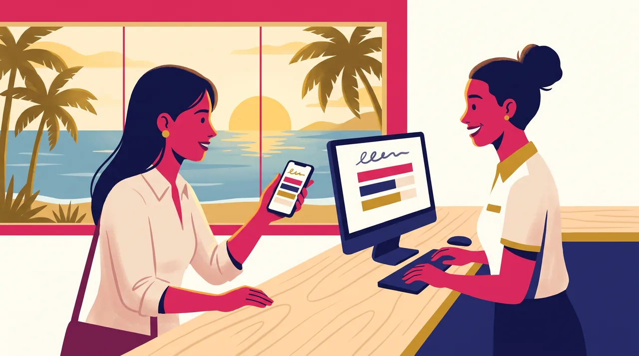 Recepção de uma pousada brasileira à beira-mar; a hóspede, ao balcão, mostra o celular para a recepcionista, que sorri e digita no computador.