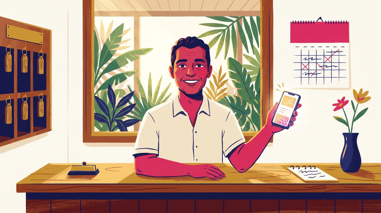 Dono de pousada atrás do balcão de recepção, com um calendário de parede marcado e o celular na mão, em uma pousada brasileira de manhã.