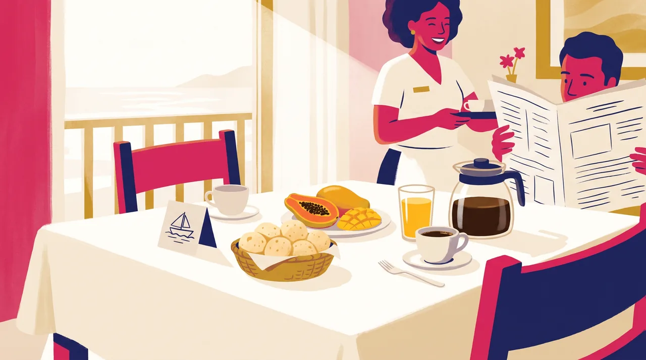 Mesa de café da manhã de pousada no litoral, com frutas, pão de queijo e um cartão impresso do passeio de barco apoiado na xícara