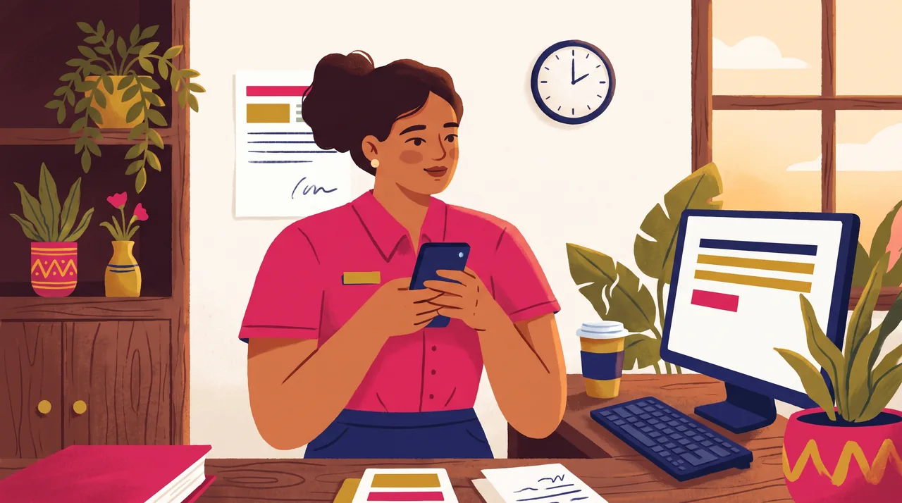 Atendente de pousada responde rapidamente uma mensagem no celular, no balcão de recepção, com um relógio de parede ao fundo.